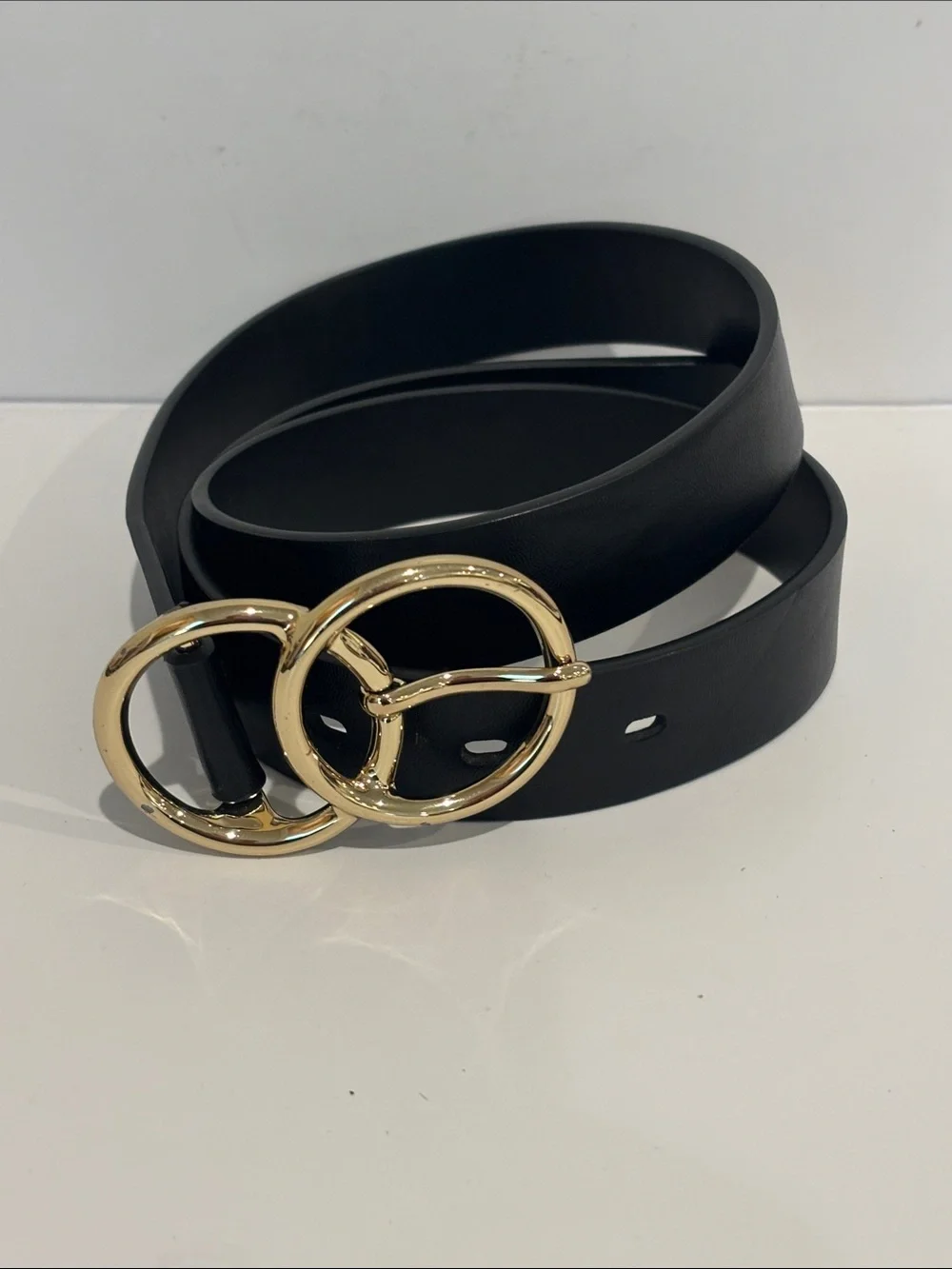Women's Black Fashion Belt Gold Interlocking Double Circle Buckle sz S / 35”